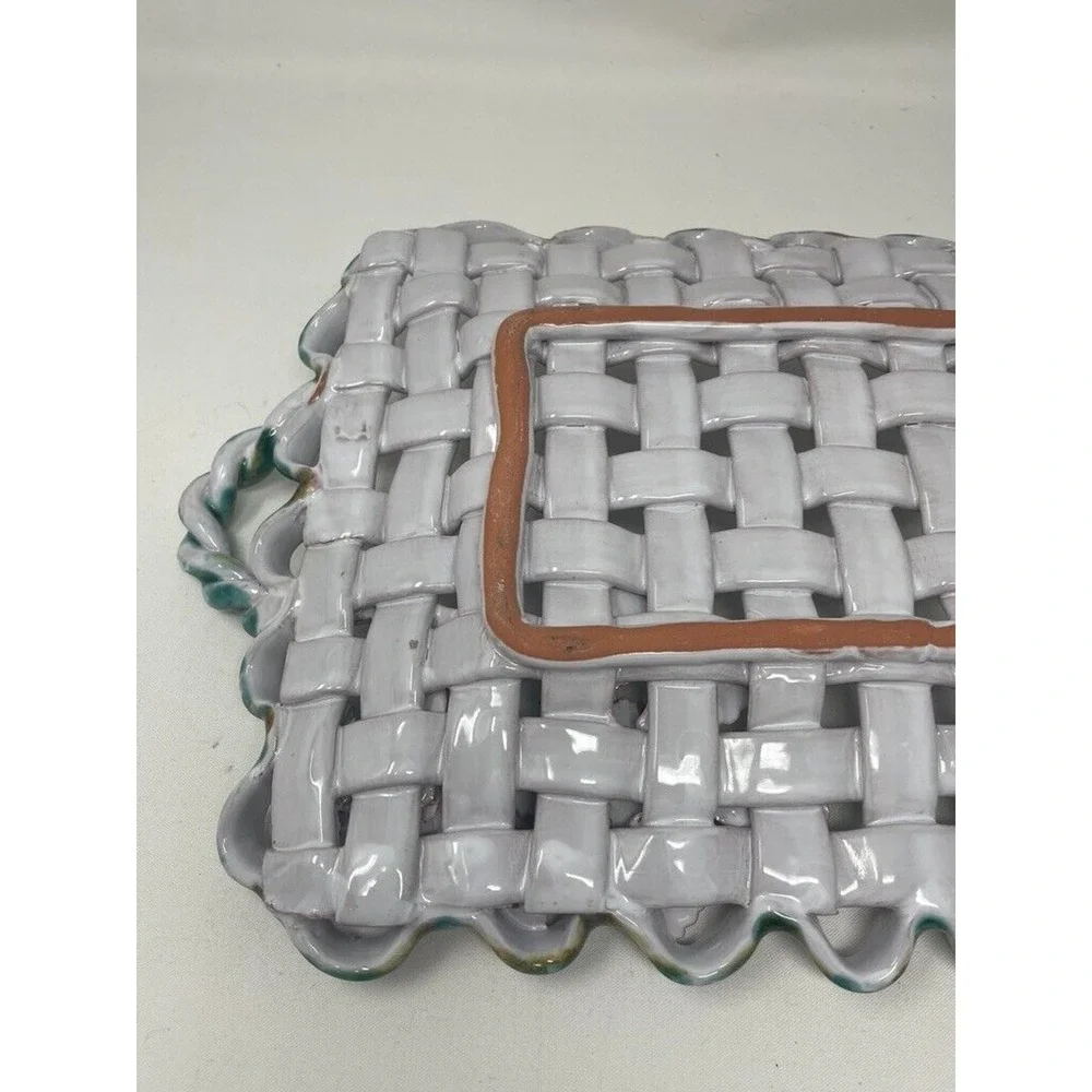 Vtg Italian Majolica Weave‎ Ceramic Decorative Tray Floral
